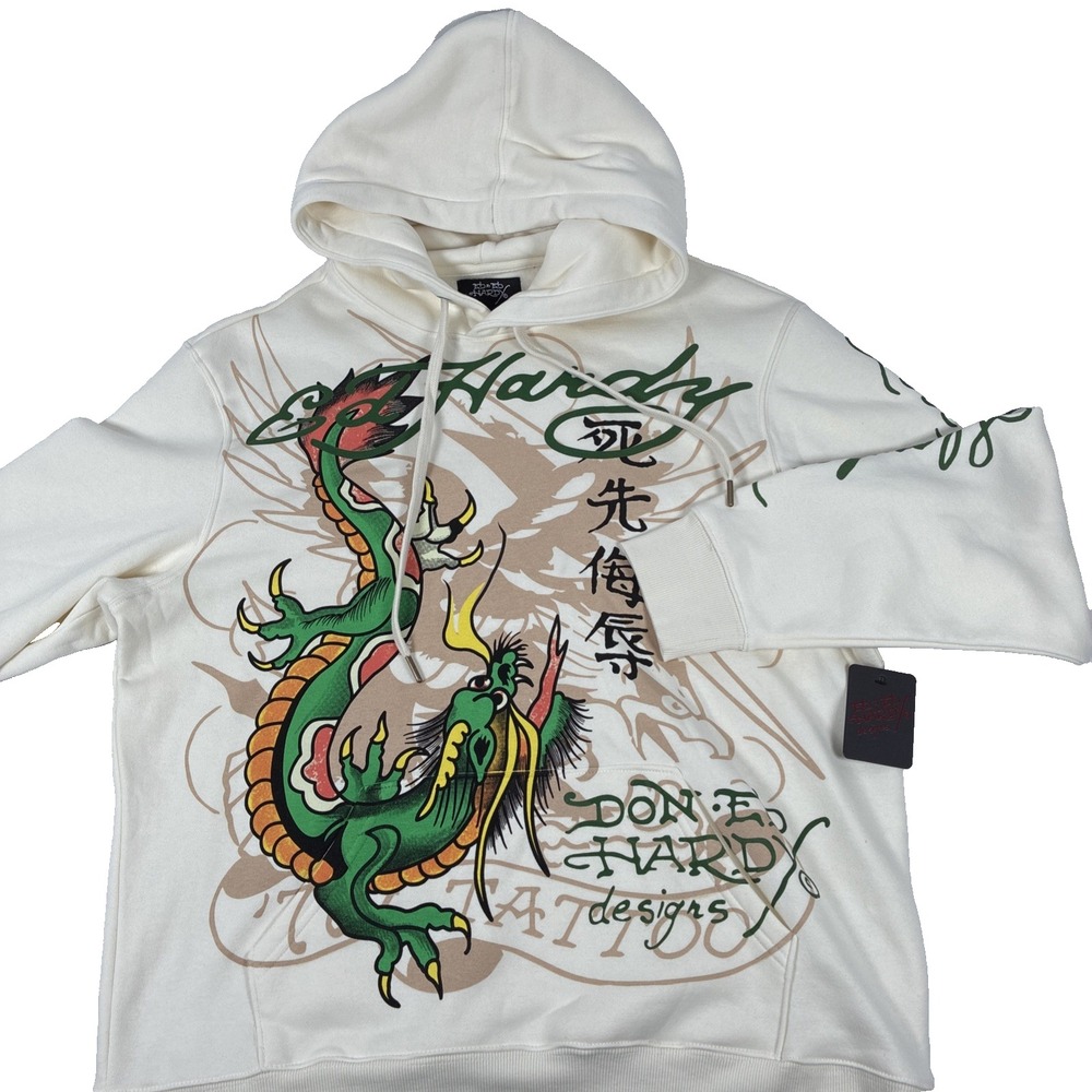 Ed Hardy Dragon Tattoo Hoodie Mens Large Ivory Graphic Pullover Streetwear NEW
